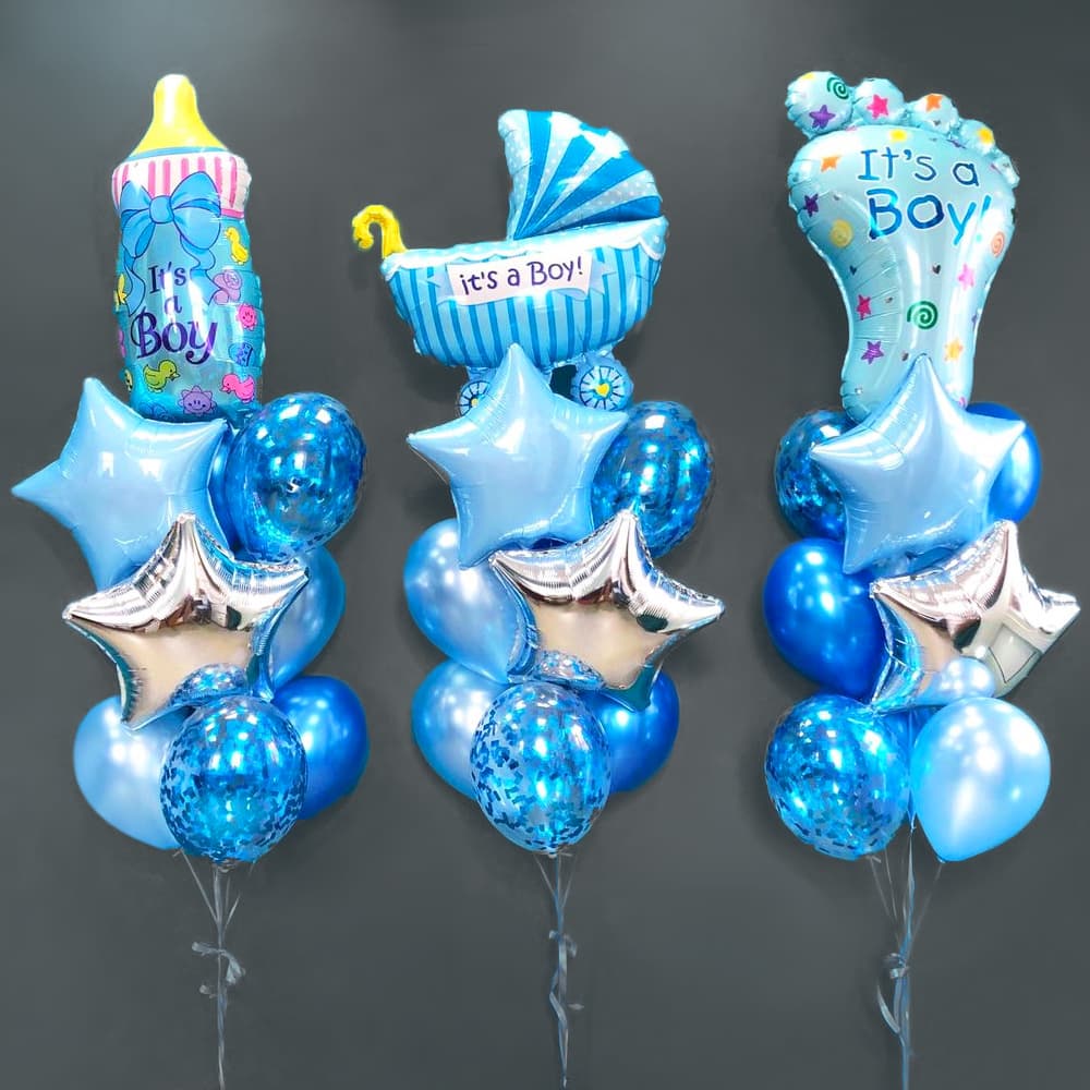 Повітряні кульки на виписку: сині, срібні, блакитні