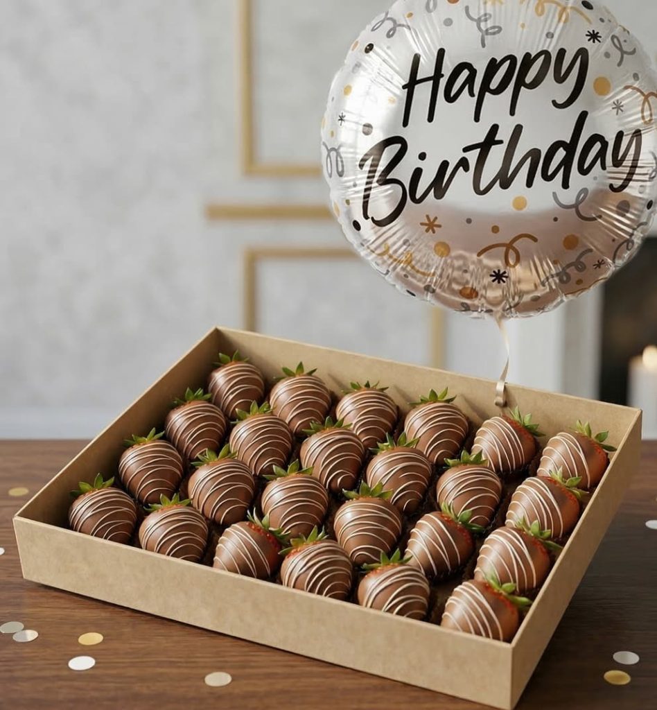 Полуниця у молочному шоколаді та кулька “Happy Birthday”