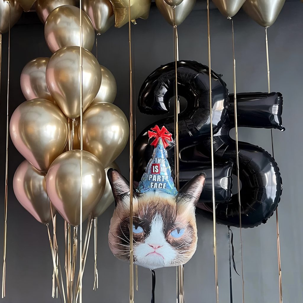 Кульки на день народження: Кіт, золоті хром та цифри