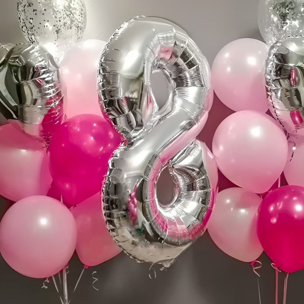 Шарики с гелием девочке: серебро, малиновые, розовые