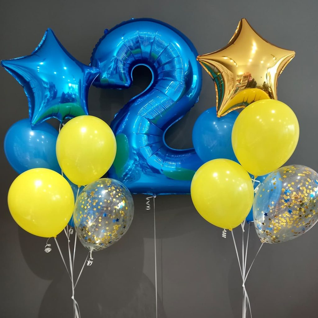 Кульки на день народження з цифрою синьо-жовті