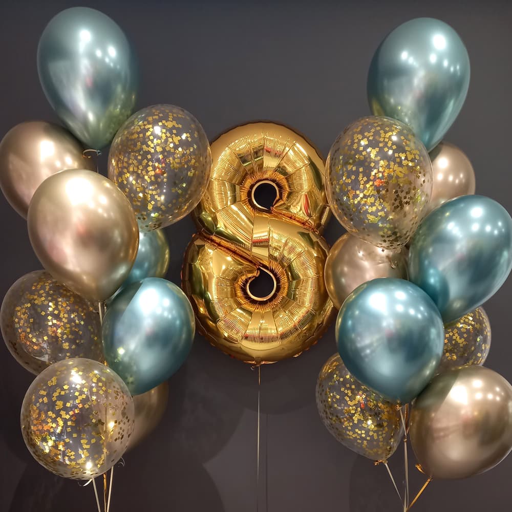 Шарики на день рождения хром золото и бирюзовые
