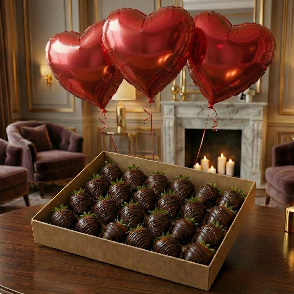 Классическая клубника в черном шоколаде + шарики красные сердечки 3 шт