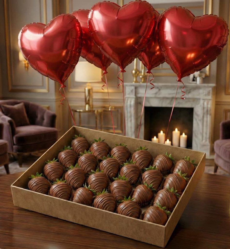 Классическая клубника в молочном шоколаде + шарики красные сердечки 5 шт