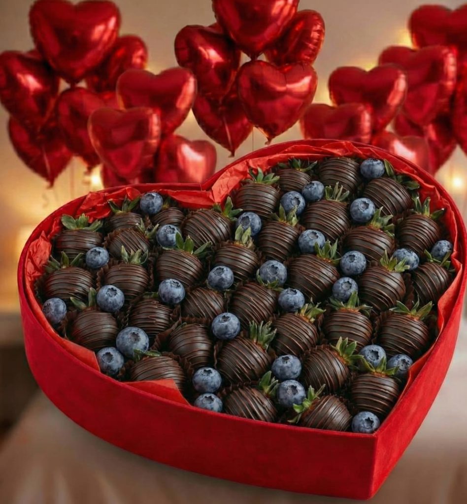 Полуниця у чорному шоколаді з ягодами лохини коробка преміум + кульки сердечки 25 шт