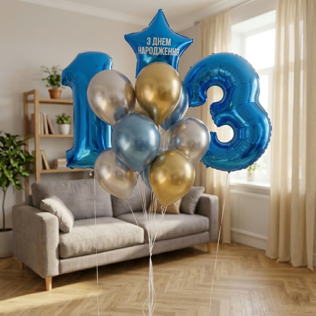 Гелієві кульки з цифрами: хром-сині та золоті
