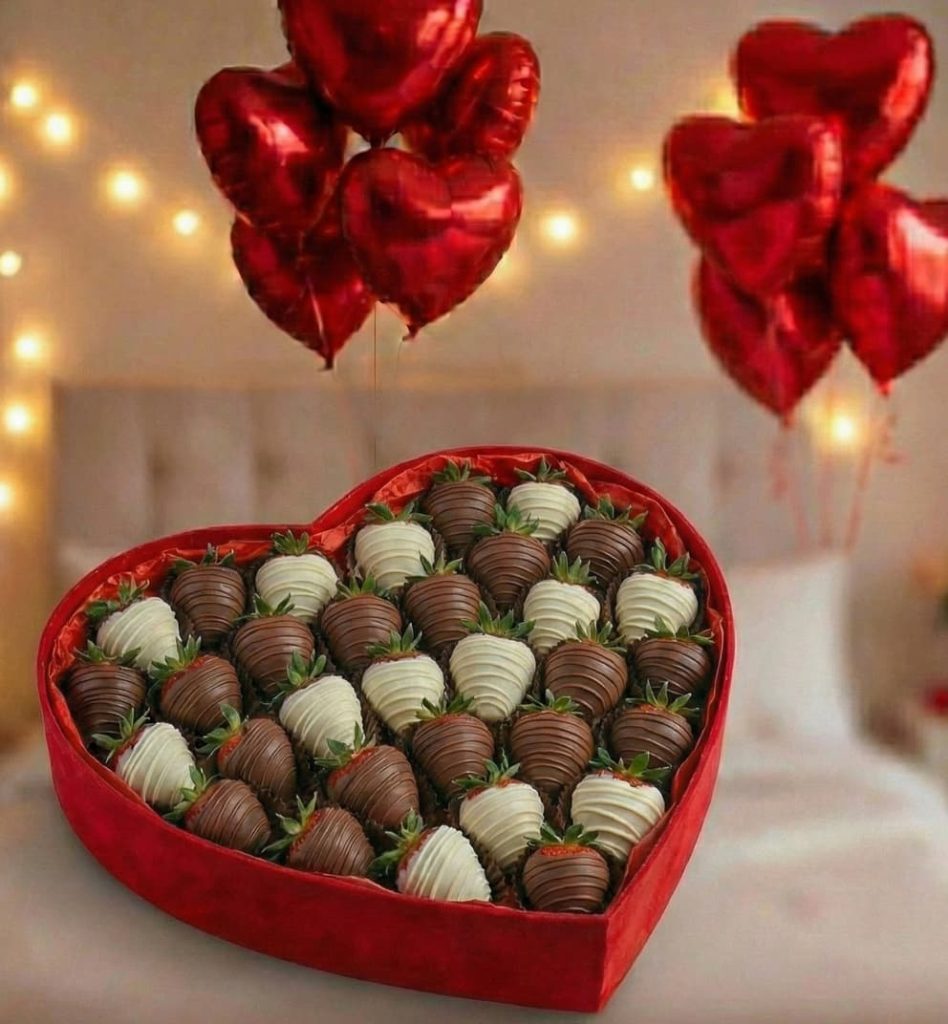 Клубника в молочном и белом шоколаде в стандартной коробке сердце + шарики сердца 9 шт