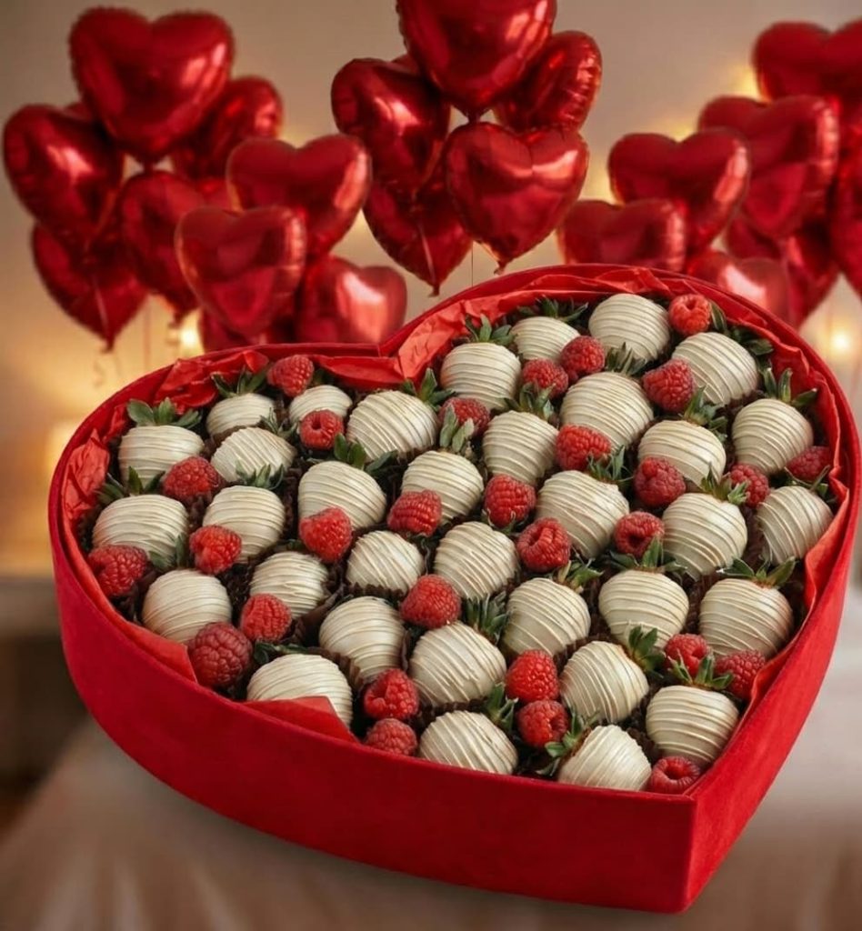 Клубника в белом шоколаде с малиной в коробке премиум + шарики сердца 25 шт