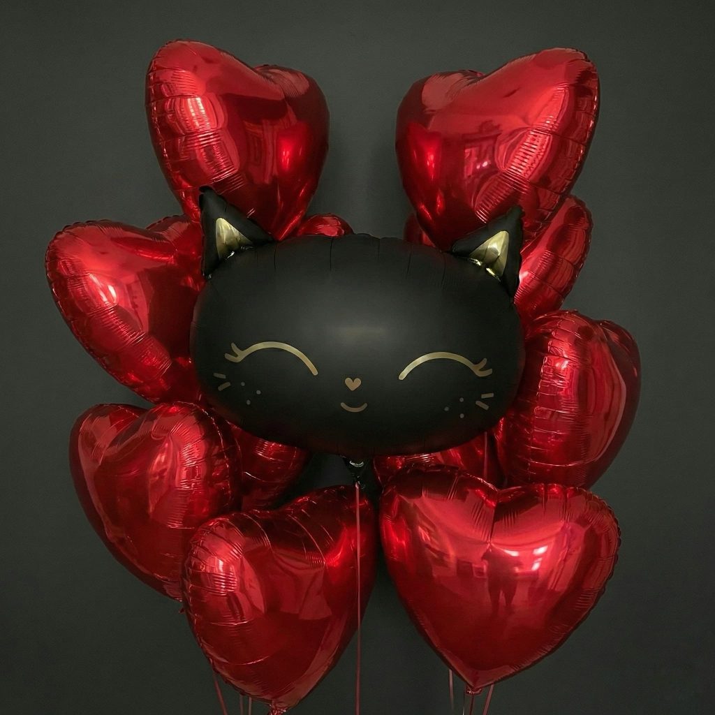 Набір гелієвих кульок сердечок з фігурою котик