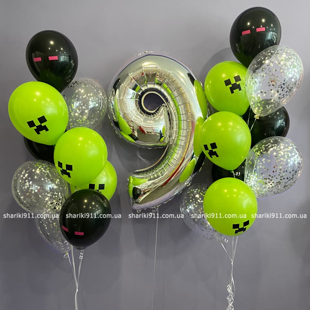 Гелієві кулі Майкрафт: зелені, чорні та цифра срібло