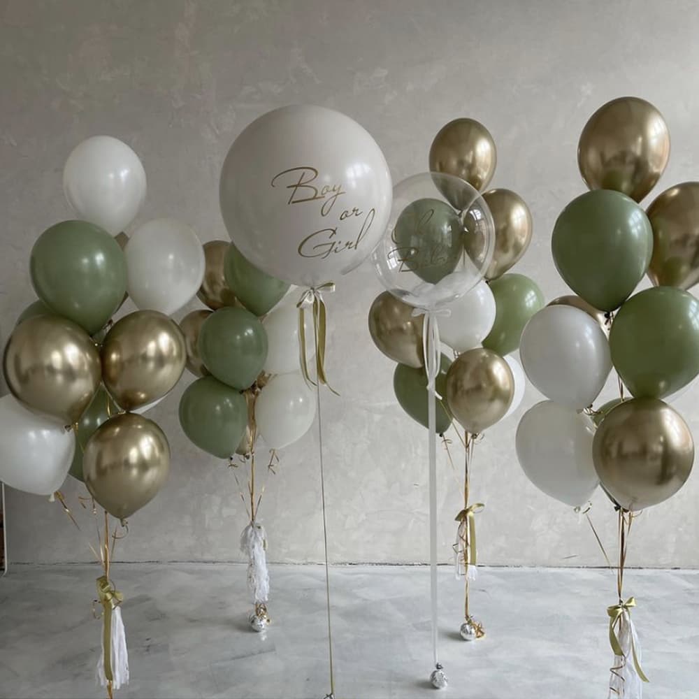 Кульки на гендерну вечірку білі, золоті хром, зелені