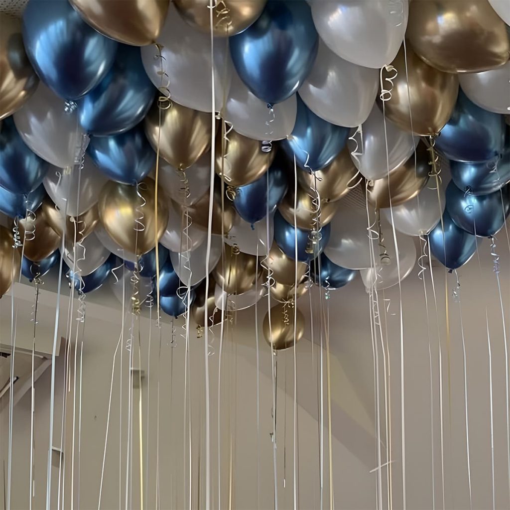 Набір кульок на день народження: хром сині, хром золоті, білі