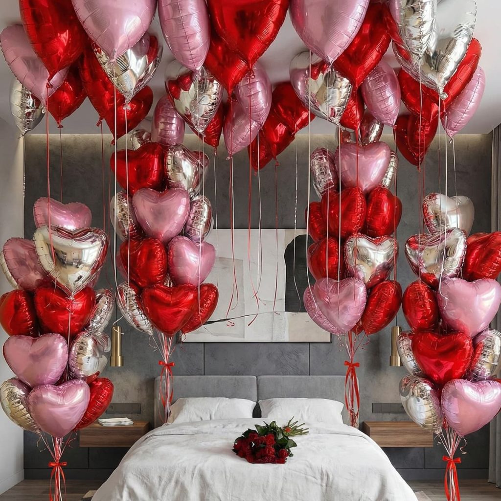 Романтичне оформлення рожевими, срібними і червоними серцями