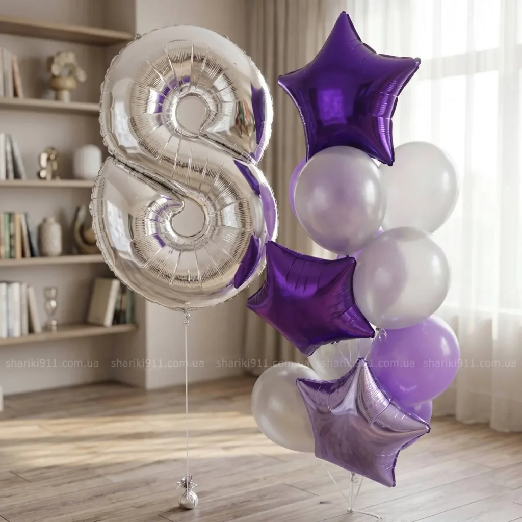 Гелієві кульки на день народження для дівчинки фіолетові та срібні