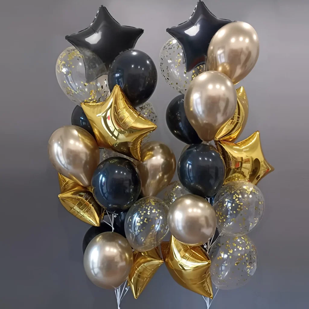 Гелієві кульки зірки, чорні та золоті хром кульки