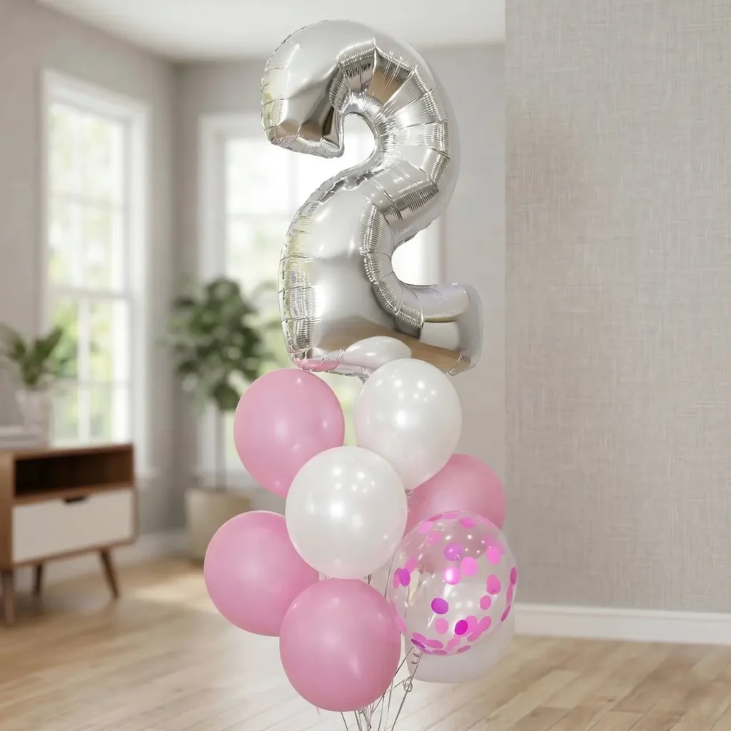 Кульки для дівчинки на день народження рожеві, білі та срібна цифра