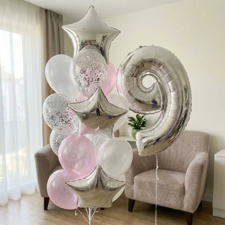 Кульки для дівчинки на день народження срібні та ніжно-рожеві
