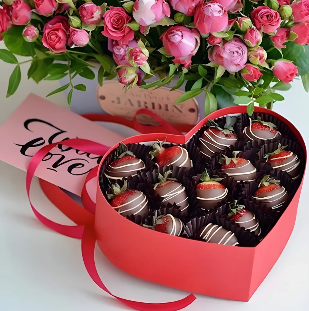 Полуниця у чорному та білому шоколаді у коробці СЕРЦЕ